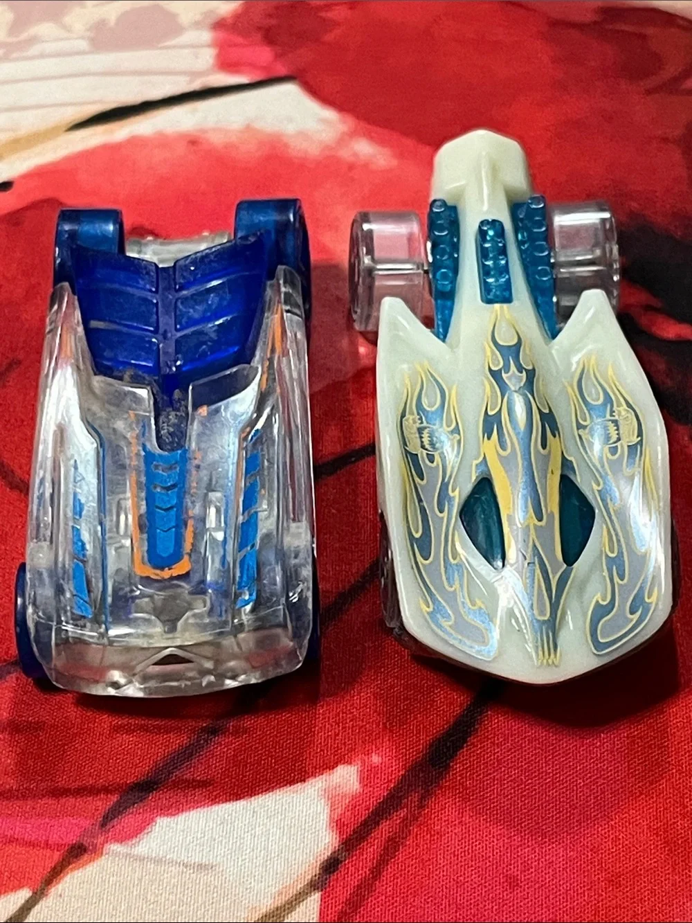 Mattel Clear Blue and White Twin Speedster Cars with Orange Accents